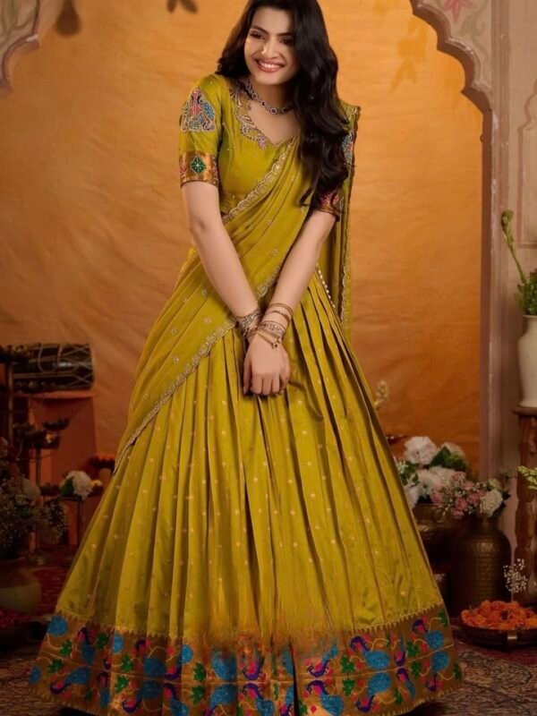 Purvi olive mustard lehenga