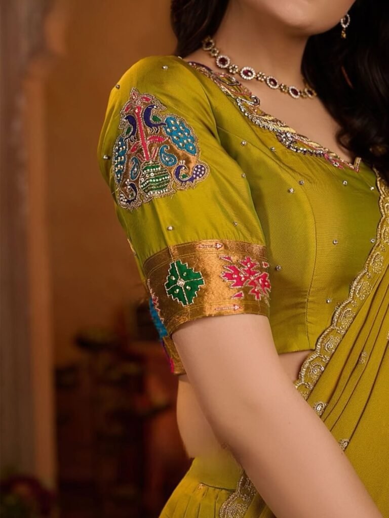 Purvi olive mustard lehenga