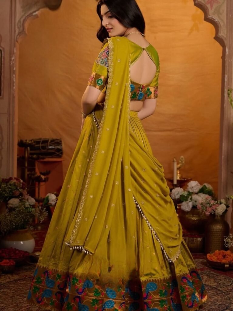 Purvi olive mustard lehenga