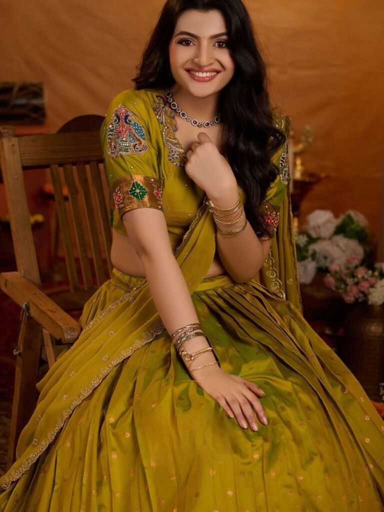 Purvi olive mustard lehenga