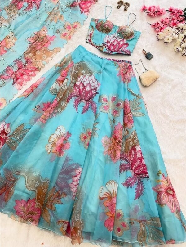 Sky blue organza lehenga set with batwa bag - Image 2