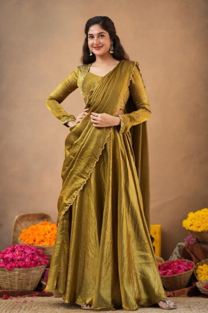 Sharavani 2 In 1 Indo Western Olive in Glass Tissue