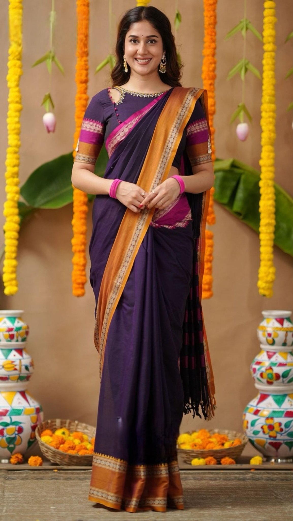 Jasha 2-In-1 Half Saree Navy Blue With Handworked Blouse - Image 2