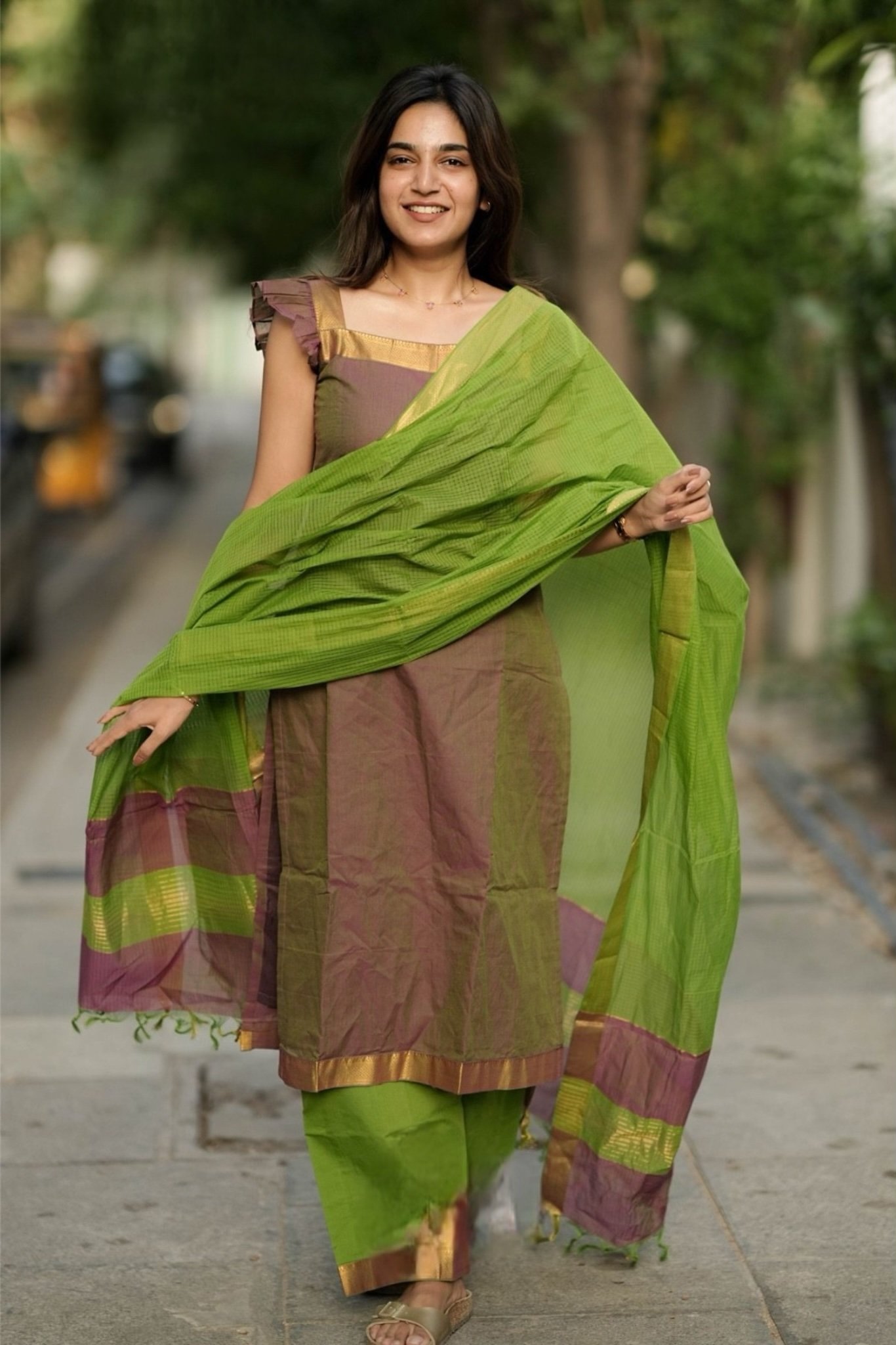 Pranitha Handloom Olive green Suit set - Image 2