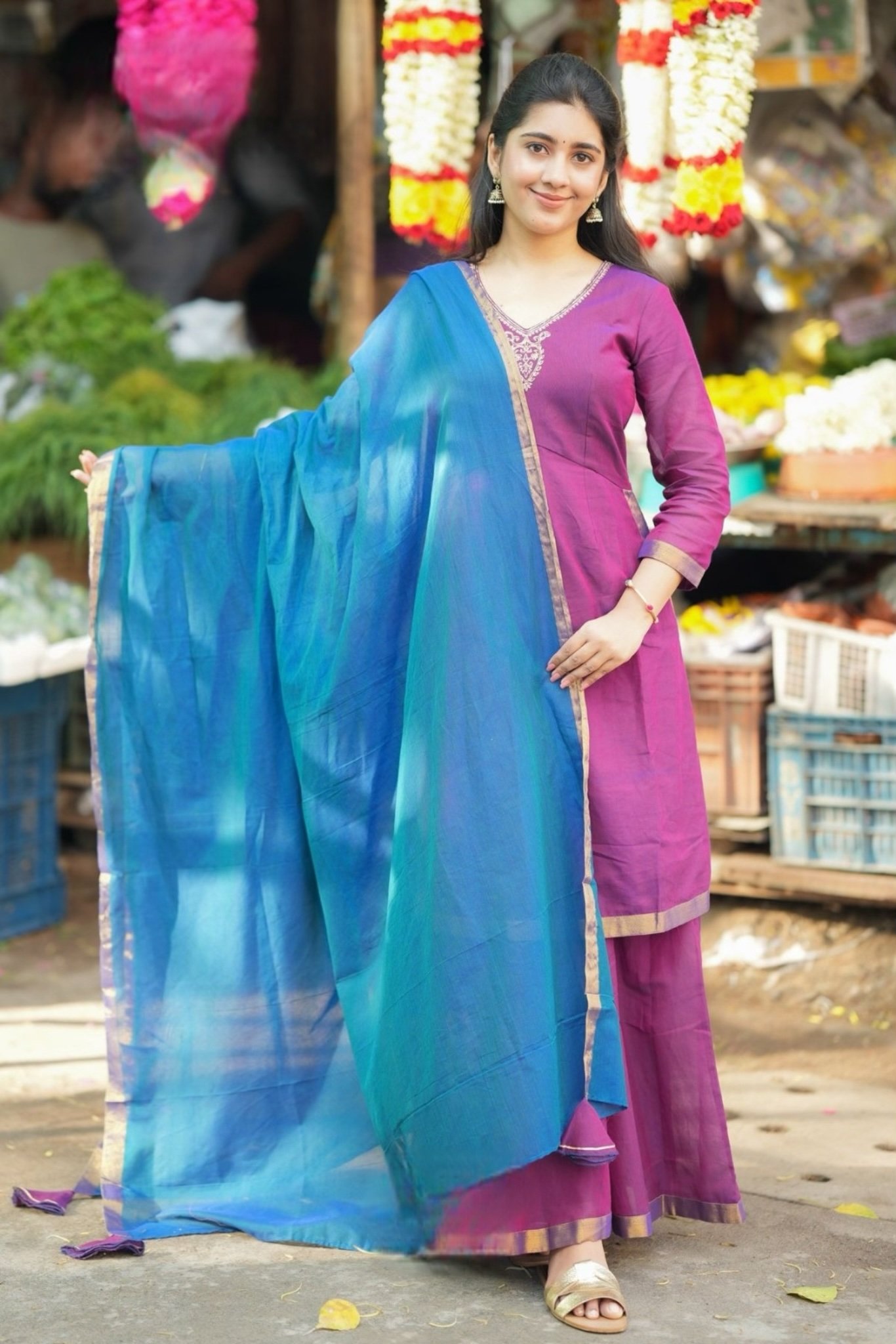 Sinamika Handloom Purple Kurta Palazzo Suit Set - Image 1