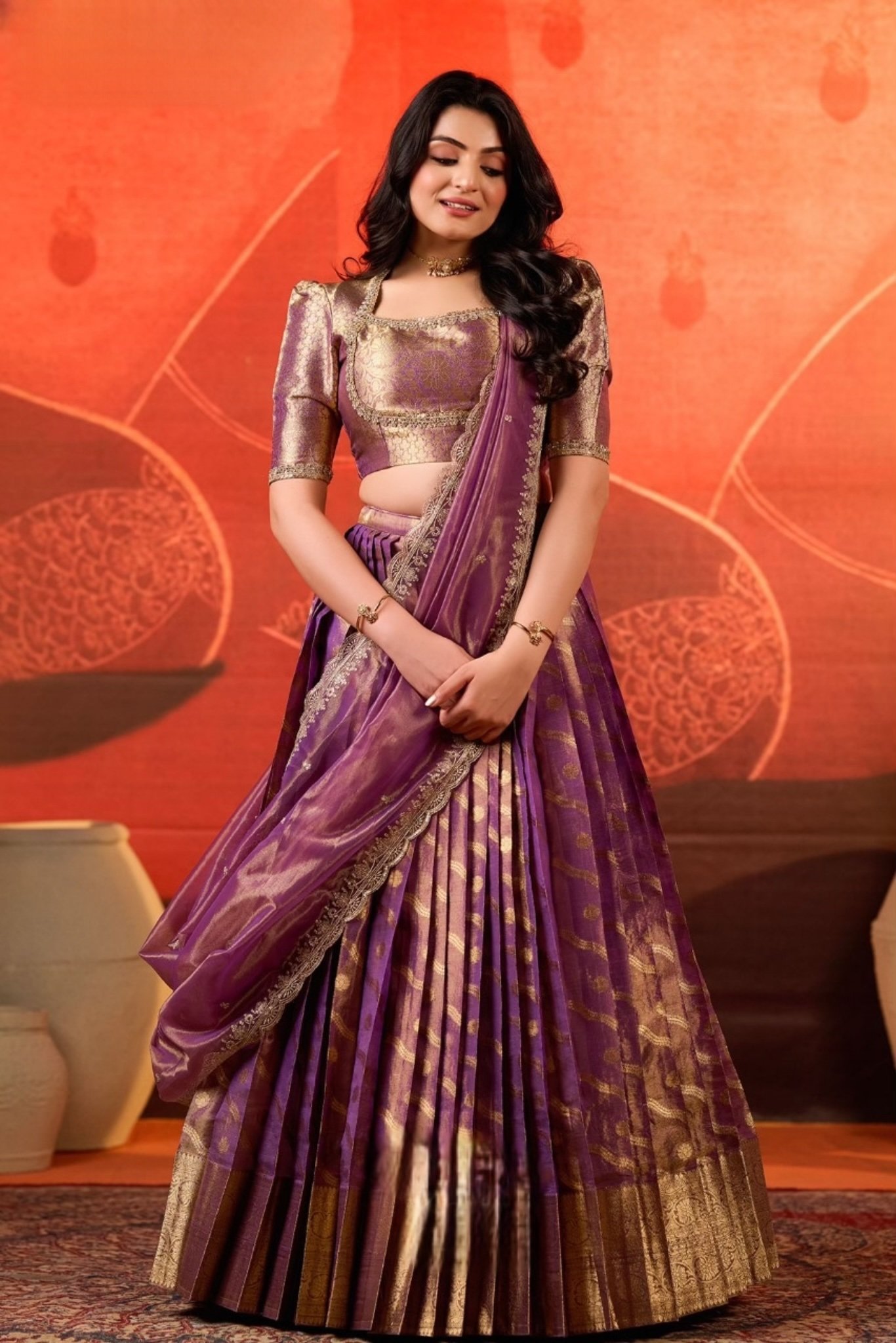 Meher Tissue Zari Lehenga Set in Purple - Image 3
