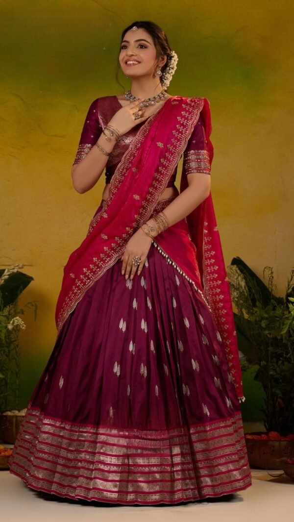 Meera Soft Silk Wine Pink Lehenga Set