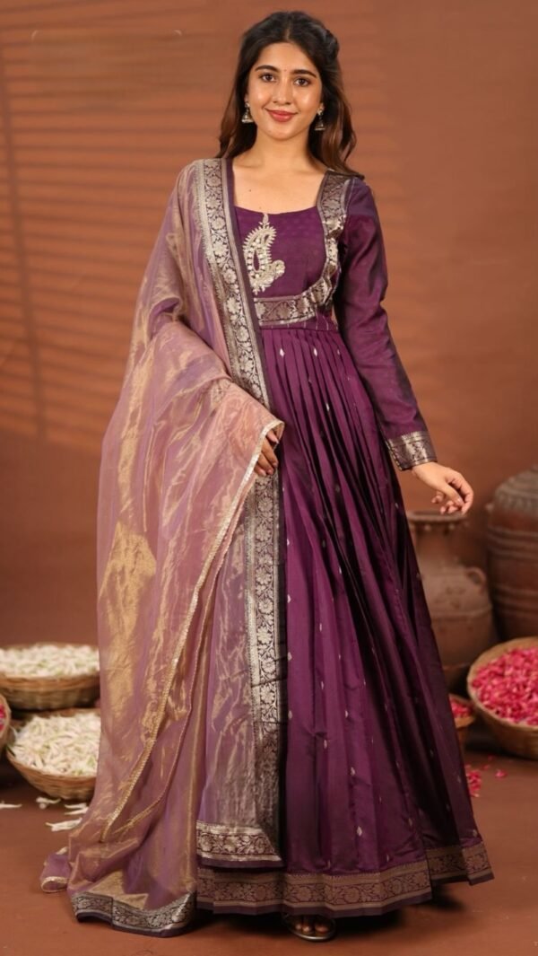 Pavani Wine Banarasi Silk Gown Dress