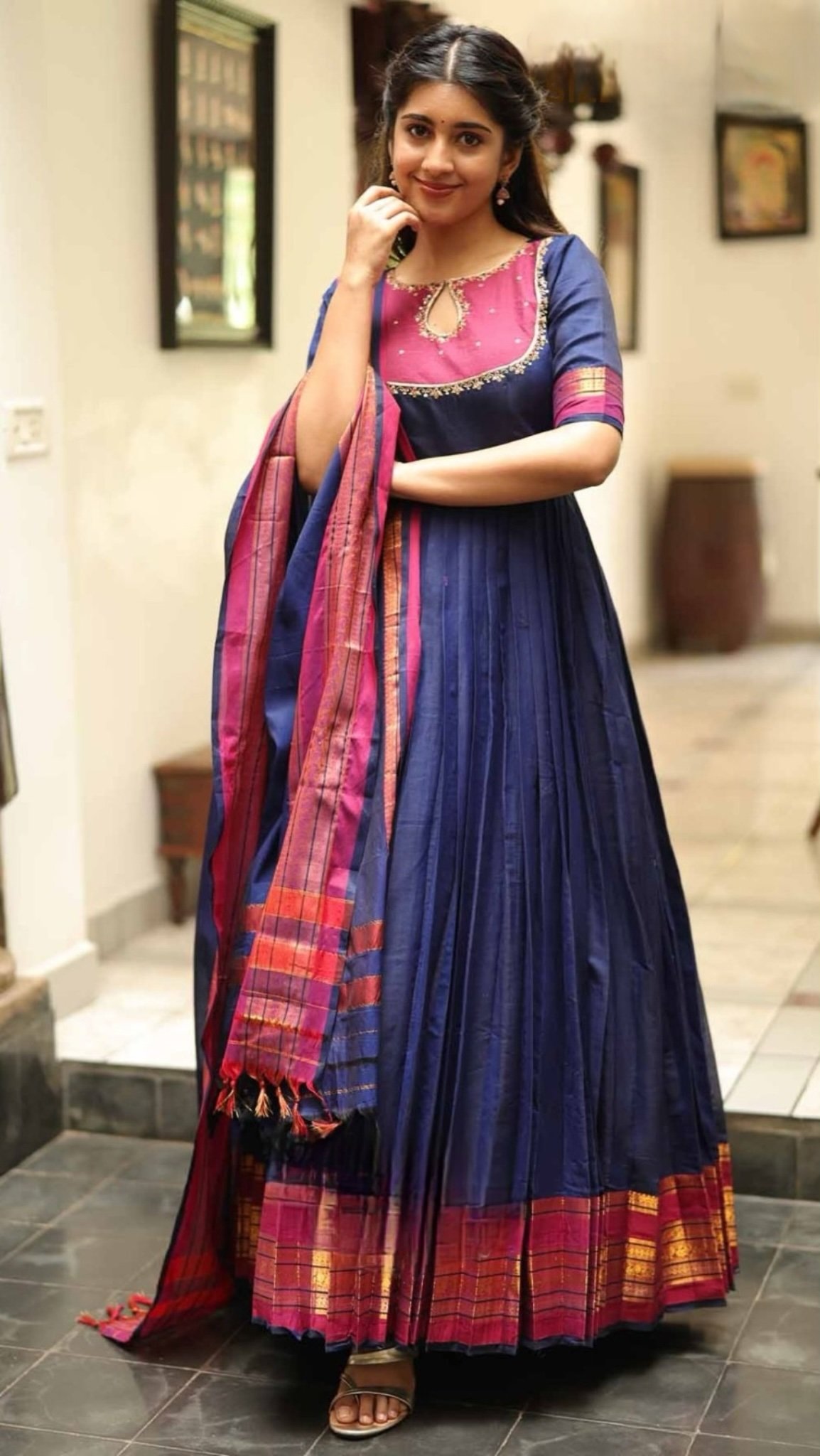 Shibha Royal Blue Handloom Anarkali Dress - Image 1