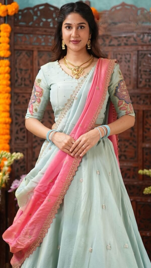 Raeya Aqua Blue Tissue kalamkari Lehenga Set - Image 5