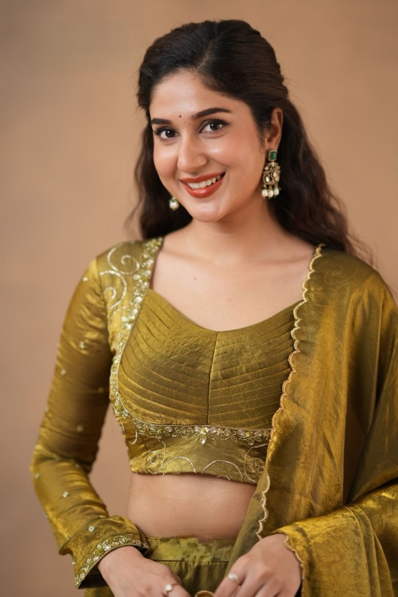 Sharavani 2 In 1 Indo Western Olive in Glass Tissue - Image 7