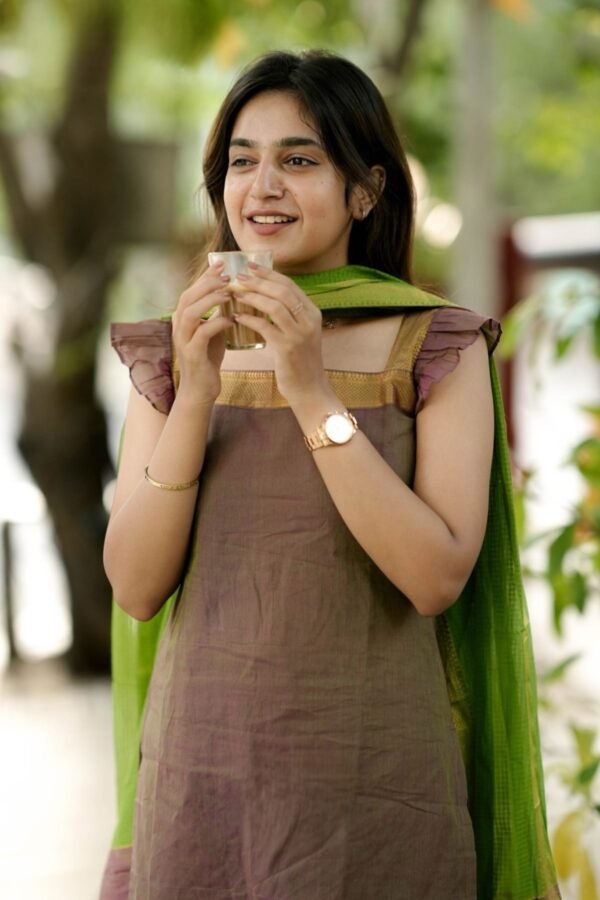 Pranitha Handloom Olive green Suit set - Image 3