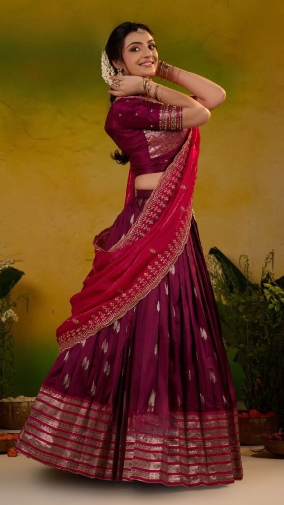 Meera Soft Silk Wine Pink Lehenga Set