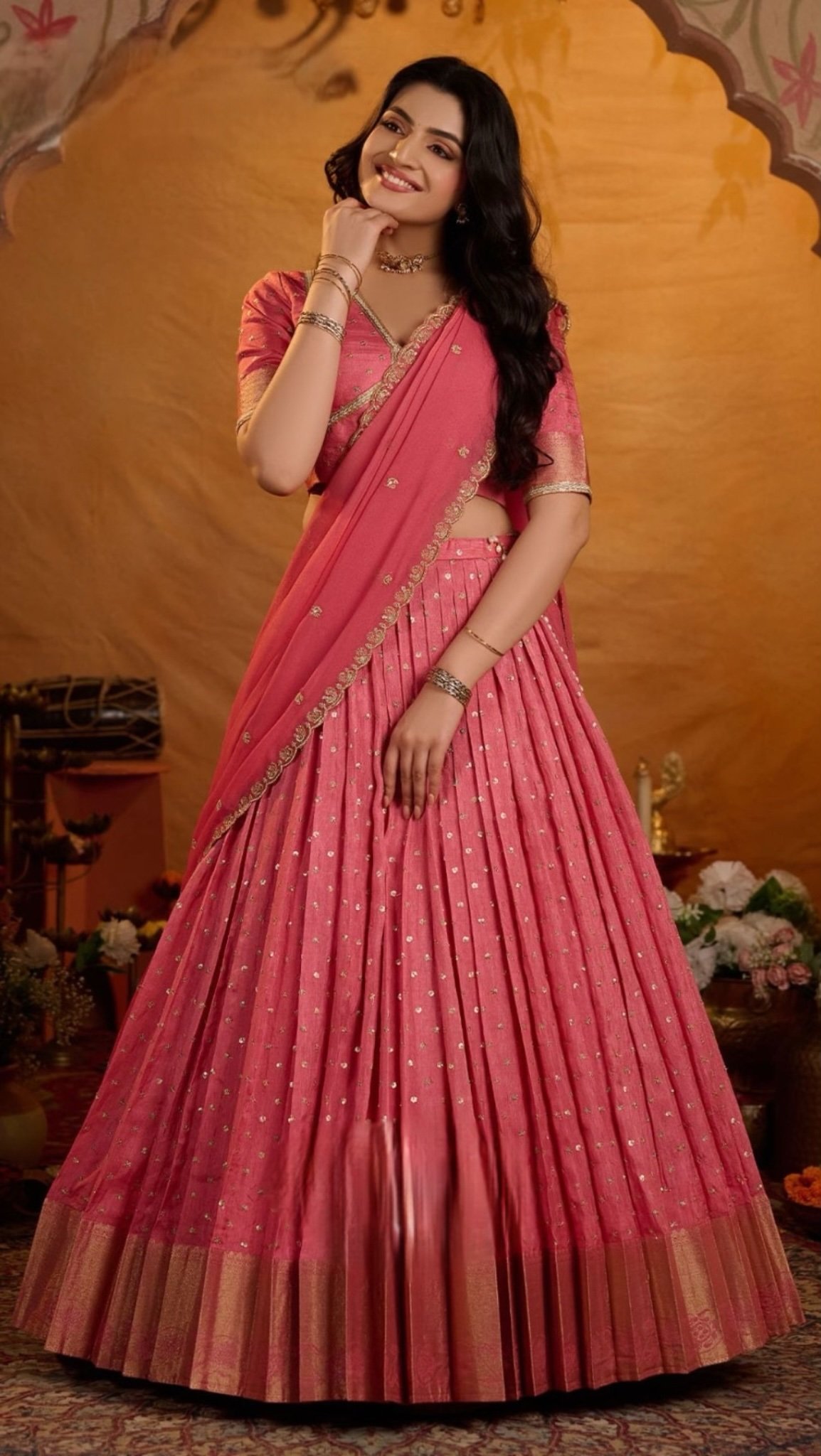 Sarah Gulabi Viscose Dola Lehenga Set In Pink - Image 1