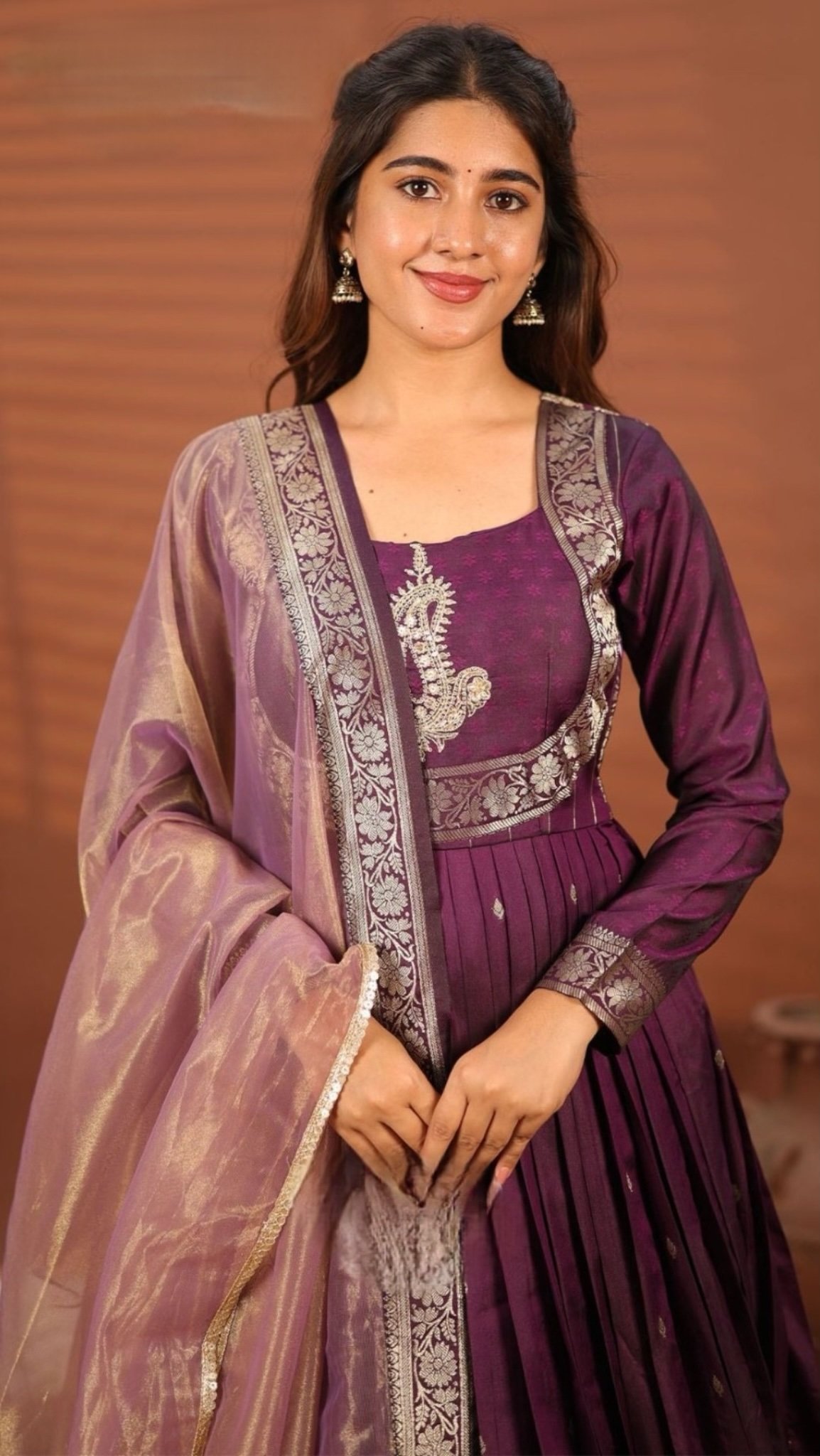 Pavani Wine Banarasi Silk Gown Dress - Image 2