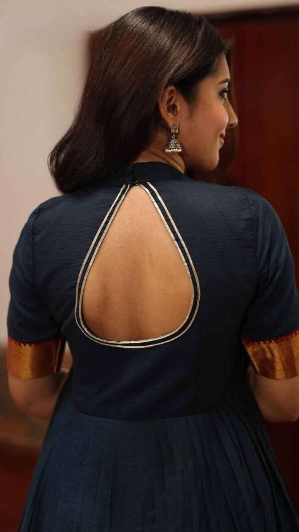 Kamali Navy Blue Handloom Anarkali Dress - Image 5