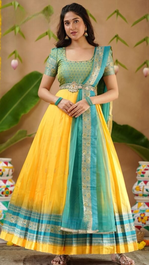 Yaana Banarasi Silk Pattu Dress in Yellow