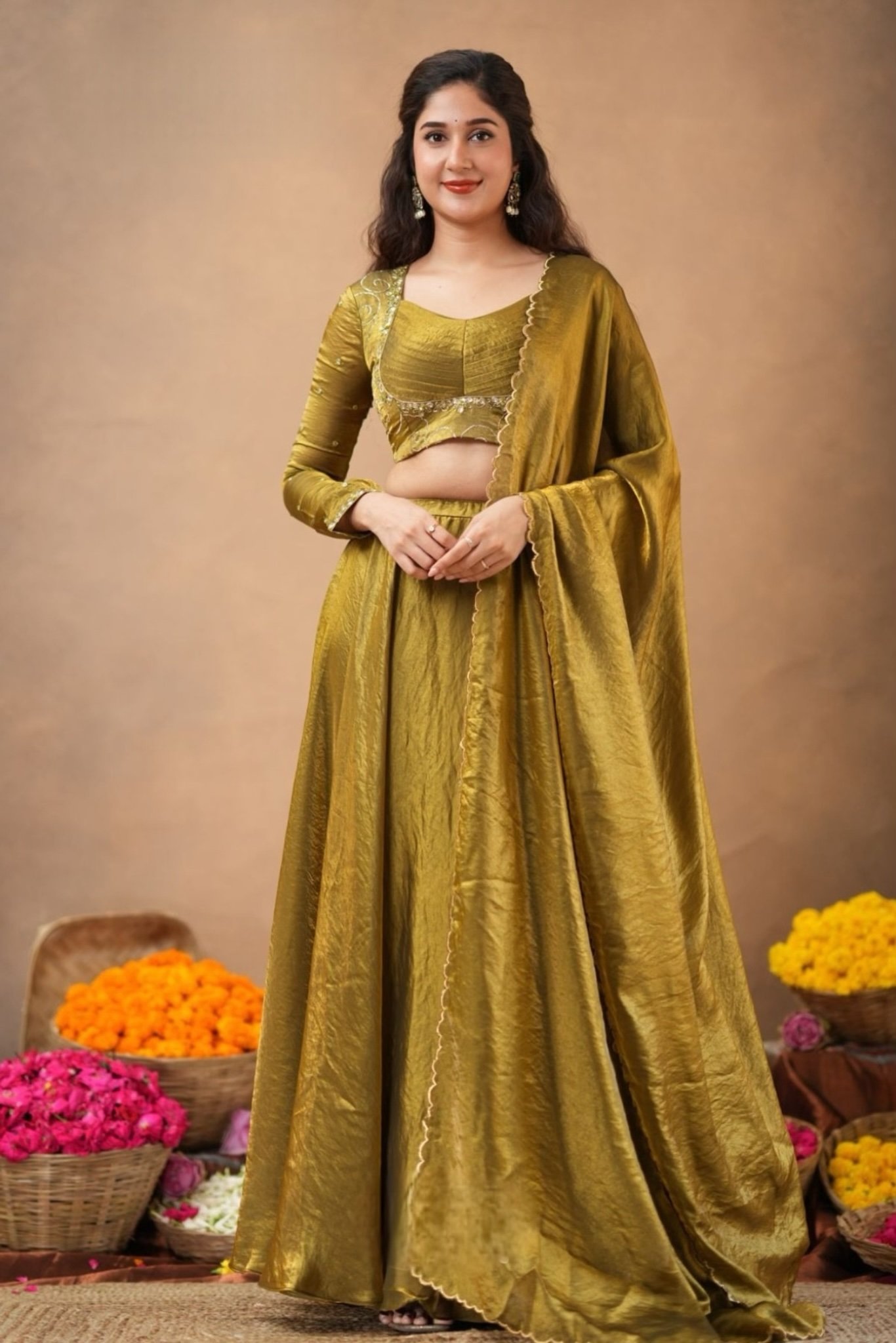 Sharavani 2 In 1 Indo Western Olive in Glass Tissue - Image 2