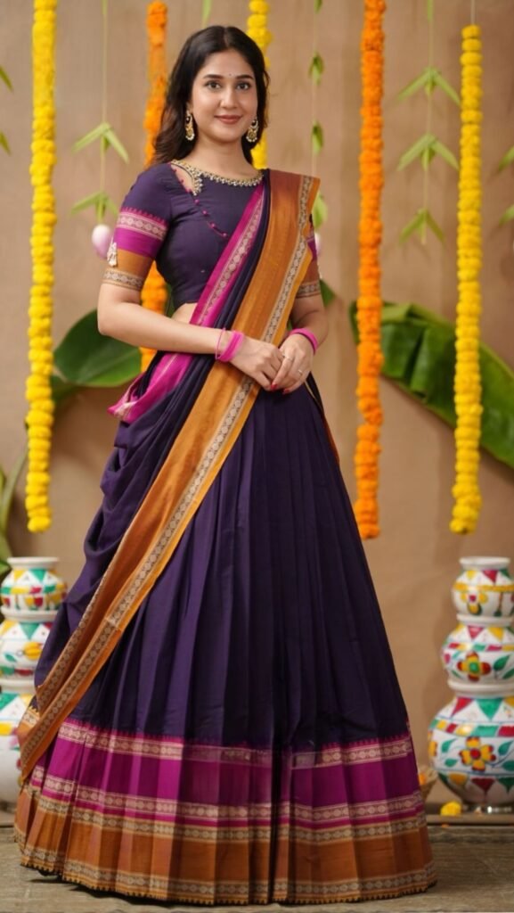 Jasha 2-In-1 Half Saree Navy Blue With Handworked Blouse