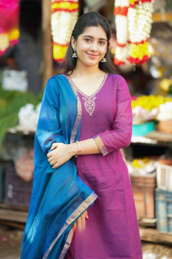 Sinamika Handloom Purple Kurta Palazzo Suit Set - Image 3