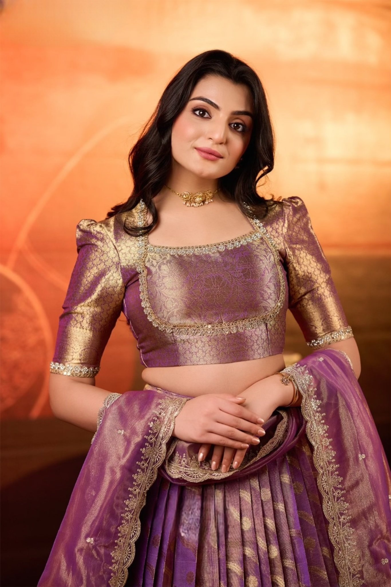 Meher Tissue Zari Lehenga Set in Purple - Image 5