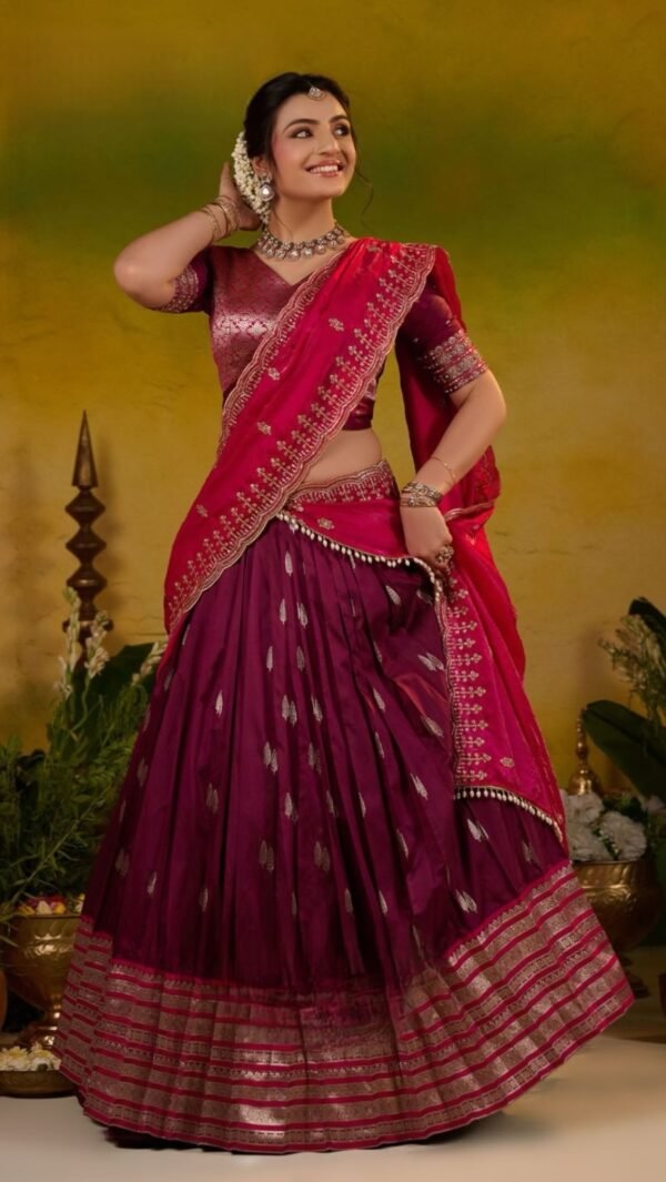 Meera Soft Silk Wine Pink Lehenga Set - Image 3