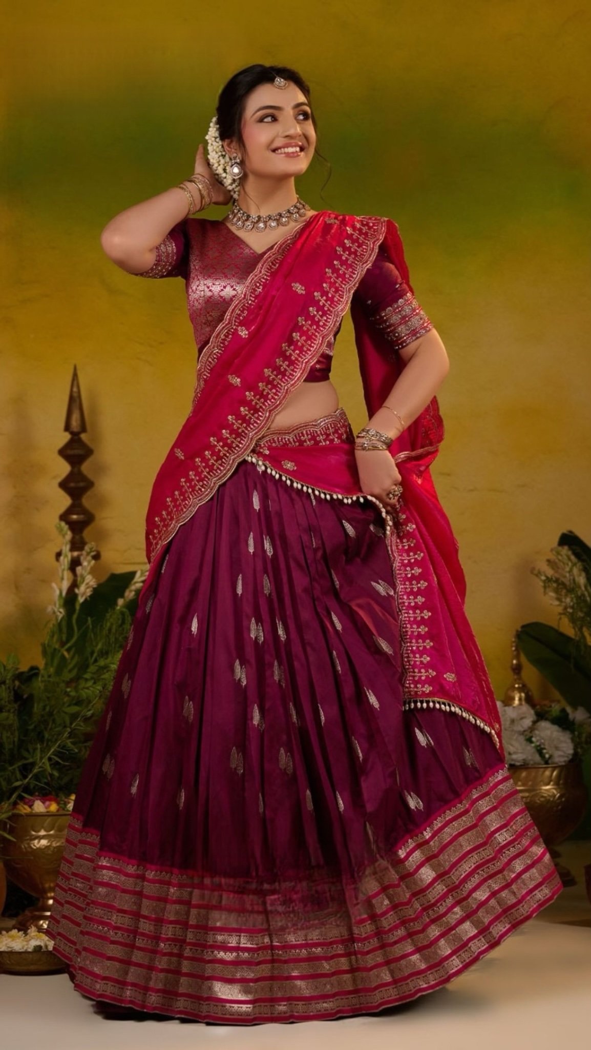 Meera Soft Silk Wine Pink Lehenga Set - Image 3