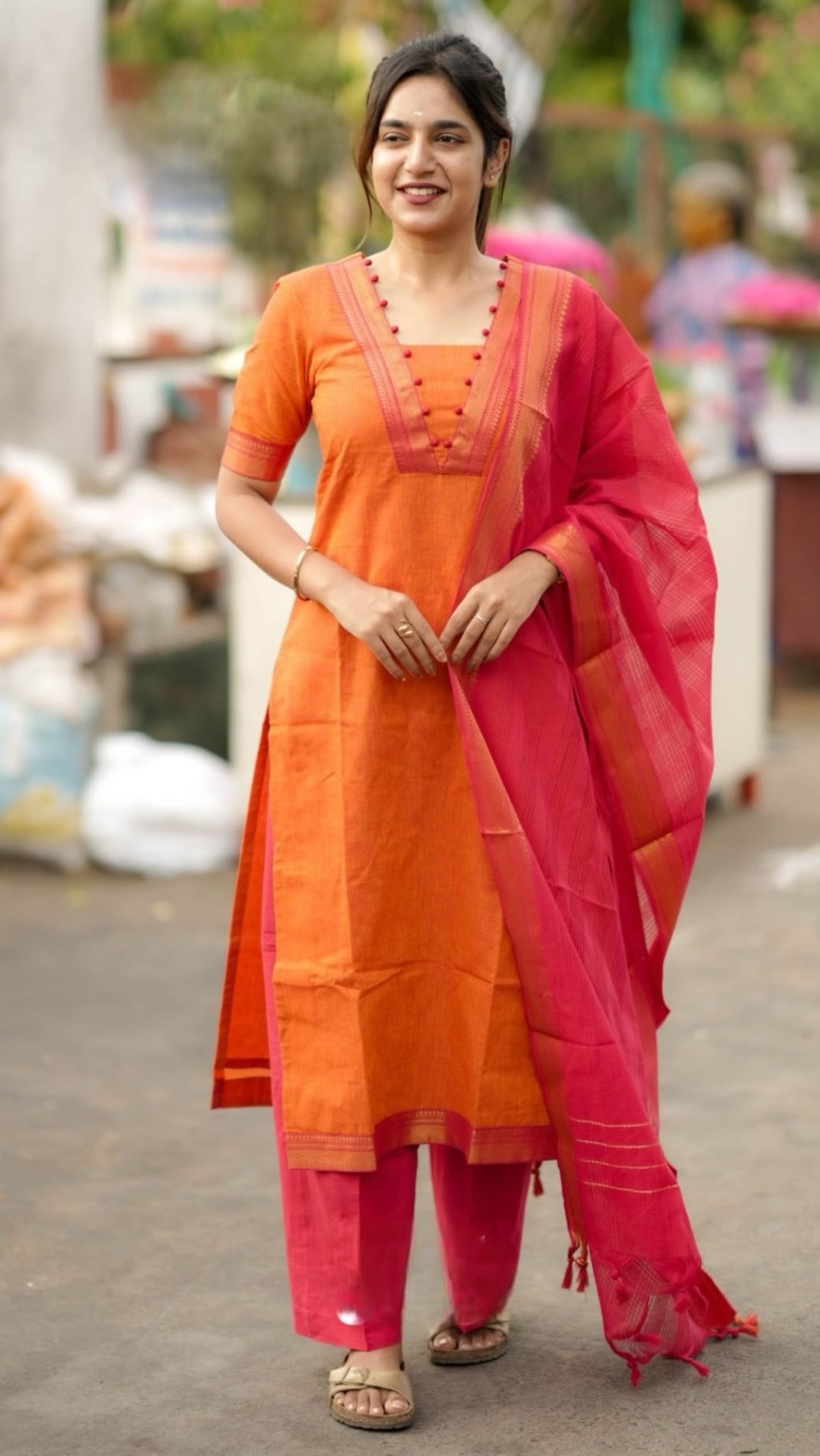 Pranitha Handloom Orange Suit Set - Image 3
