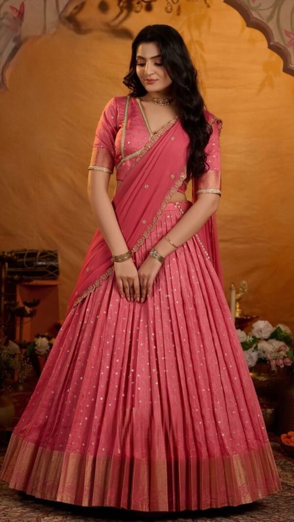 Sarah Gulabi Viscose Dola Lehenga Set In Pink - Image 5