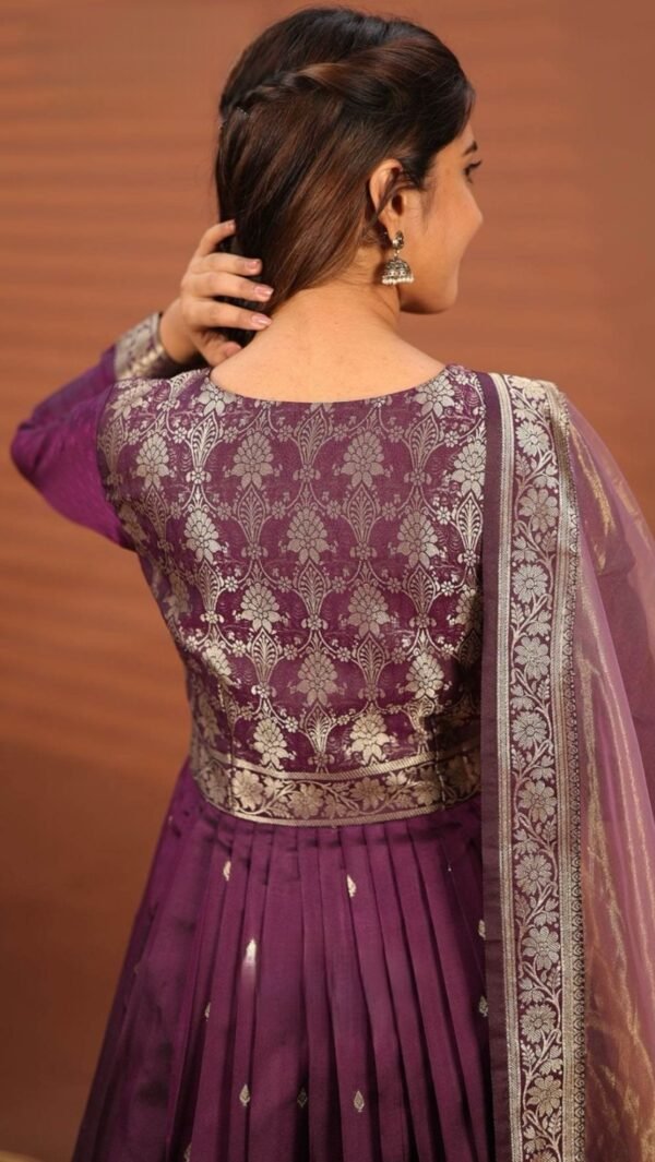 Pavani Wine Banarasi Silk Gown Dress - Image 3