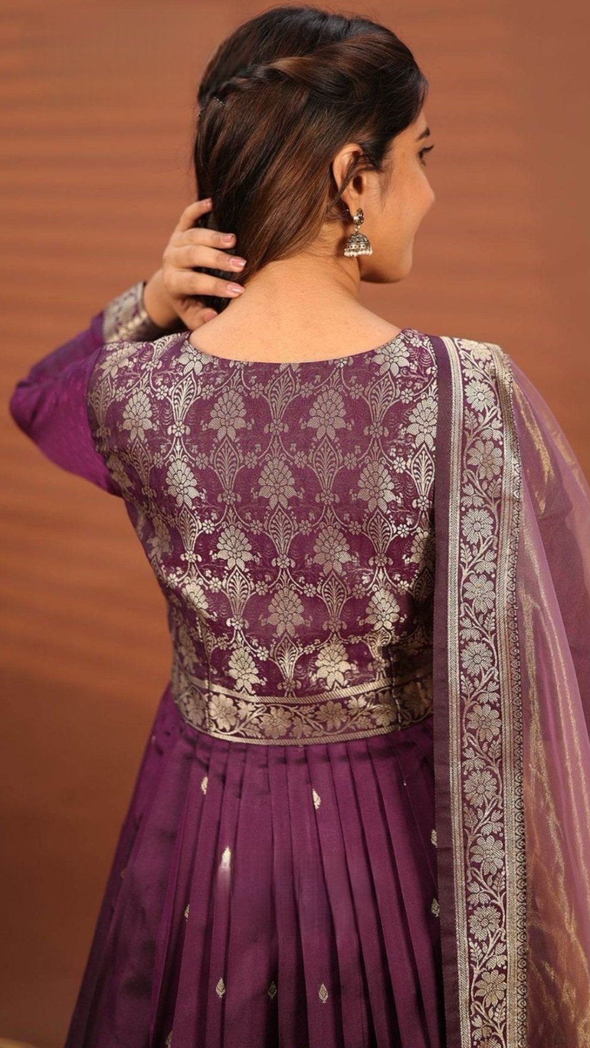 Pavani Wine Banarasi Silk Gown Dress - Image 3