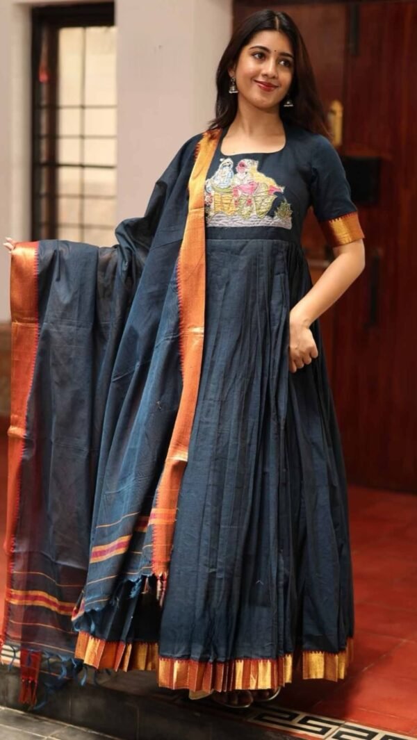 Kamali Navy Blue Handloom Anarkali Dress - Image 3