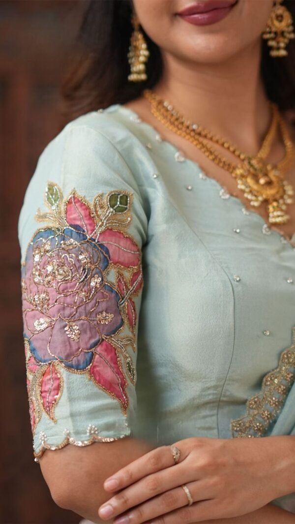 Raeya Aqua Blue Tissue kalamkari Lehenga Set - Image 4