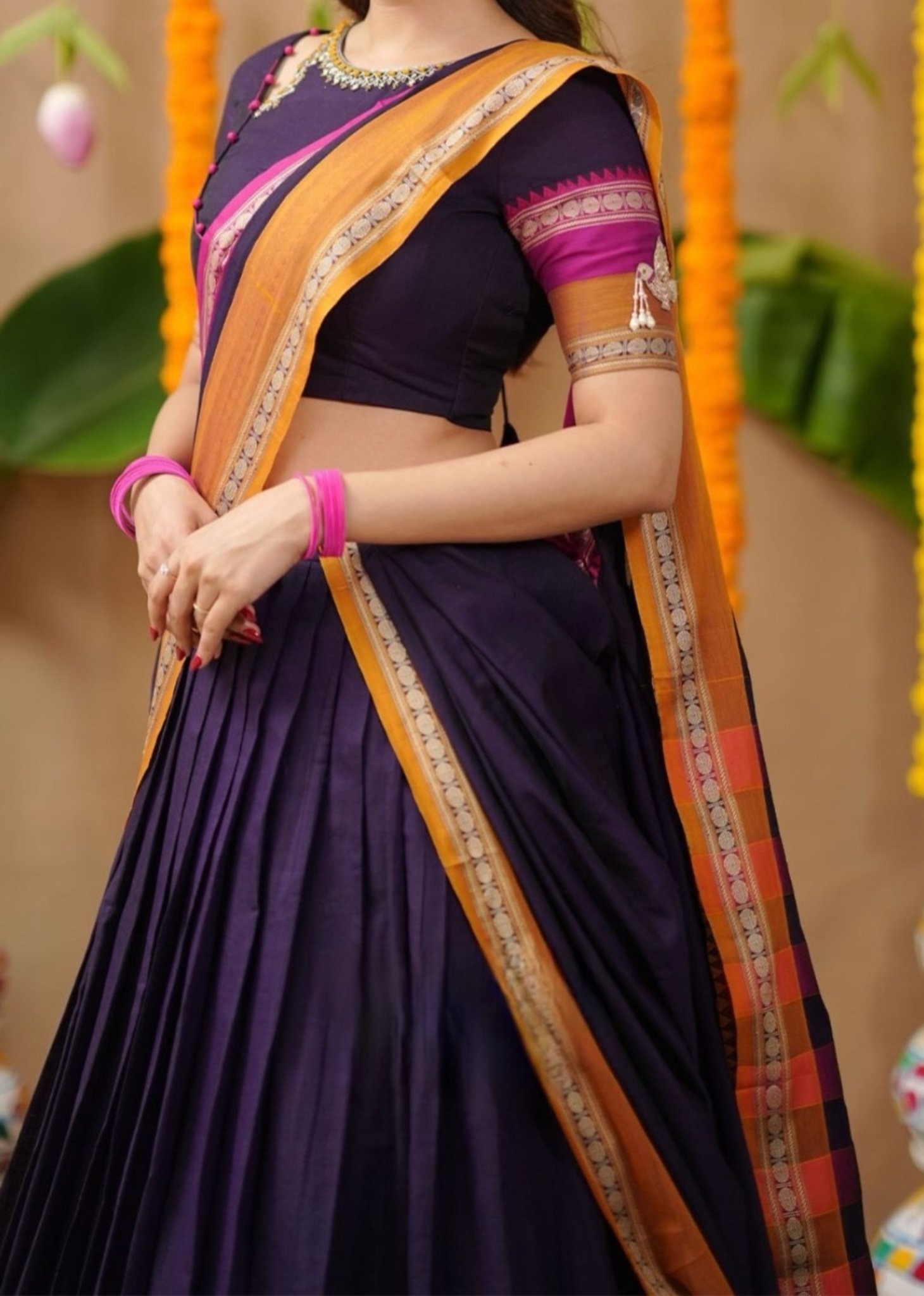 Jasha 2-In-1 Half Saree Navy Blue With Handworked Blouse - Image 4