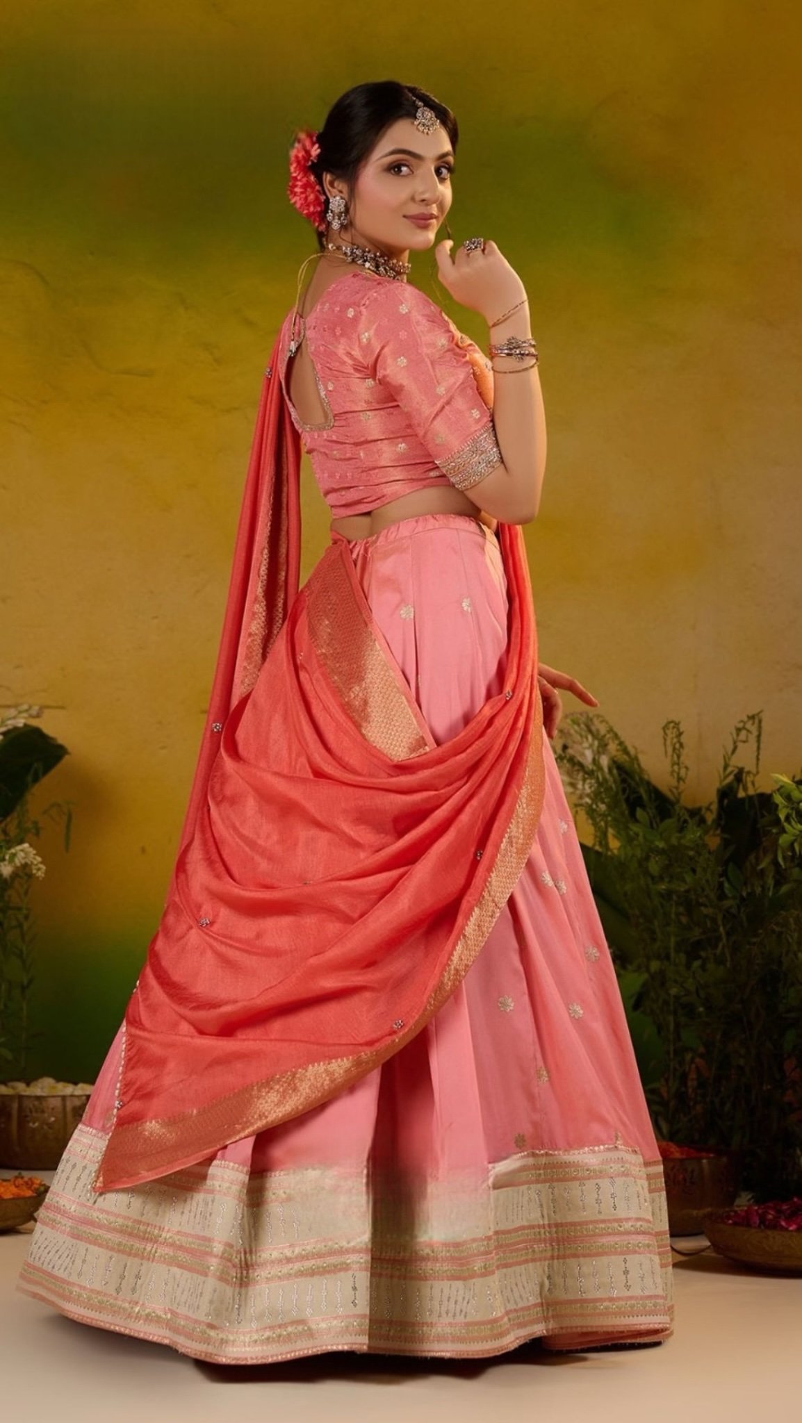 Sobhita Soft Silk Half Saree Pastel Pink Lehenga - Image 4