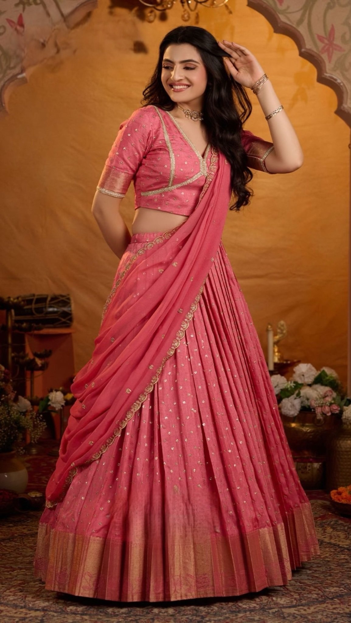 Sarah Gulabi Viscose Dola Lehenga Set In Pink - Image 3
