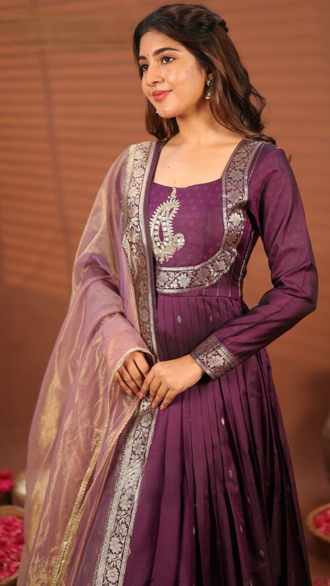 Pavani Wine Banarasi Silk Gown Dress - Image 4