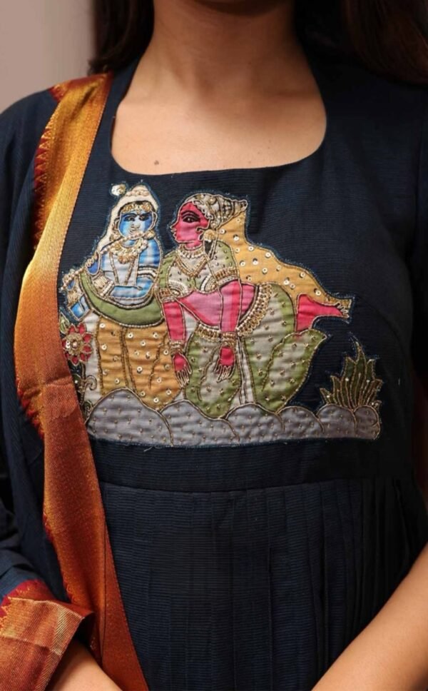 Kamali Navy Blue Handloom Anarkali Dress - Image 4