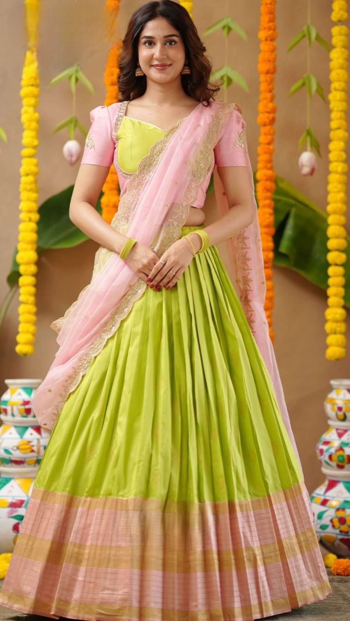 Niveditha Soft Silk Lehenga Set In Lime Green - Image 1