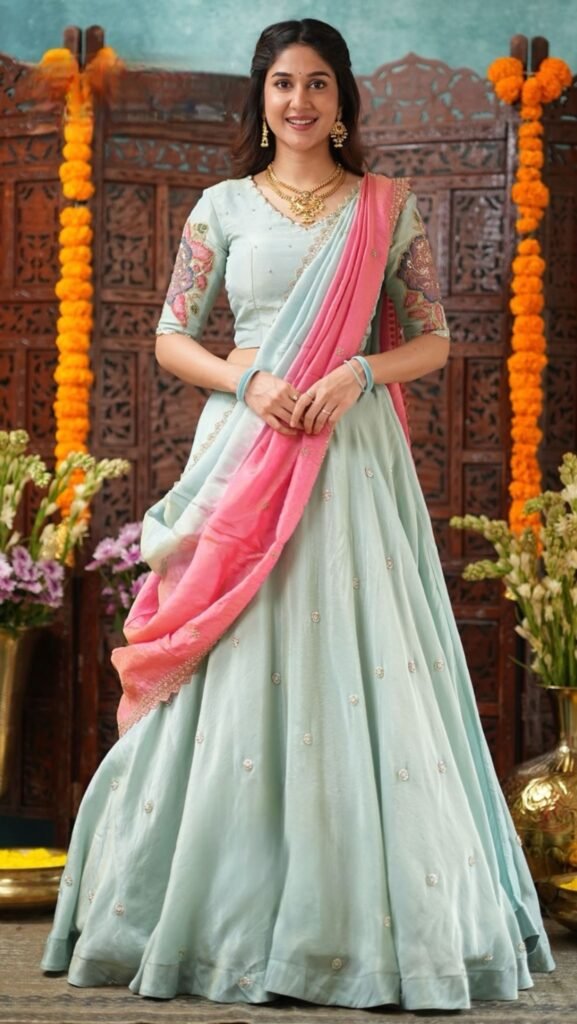 Raeya Aqua Blue Tissue kalamkari Lehenga Set