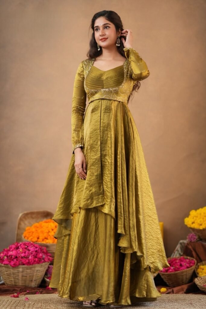 Sharavani 2 In 1 Indo Western Olive in Glass Tissue