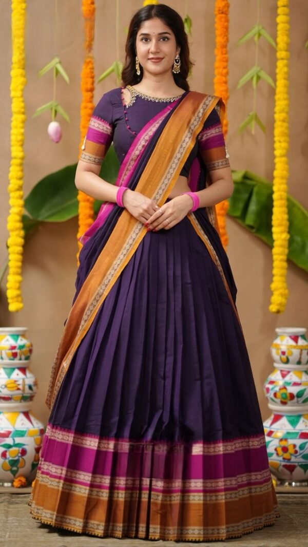 Jasha 2-In-1 Half Saree Navy Blue With Handworked Blouse - Image 5