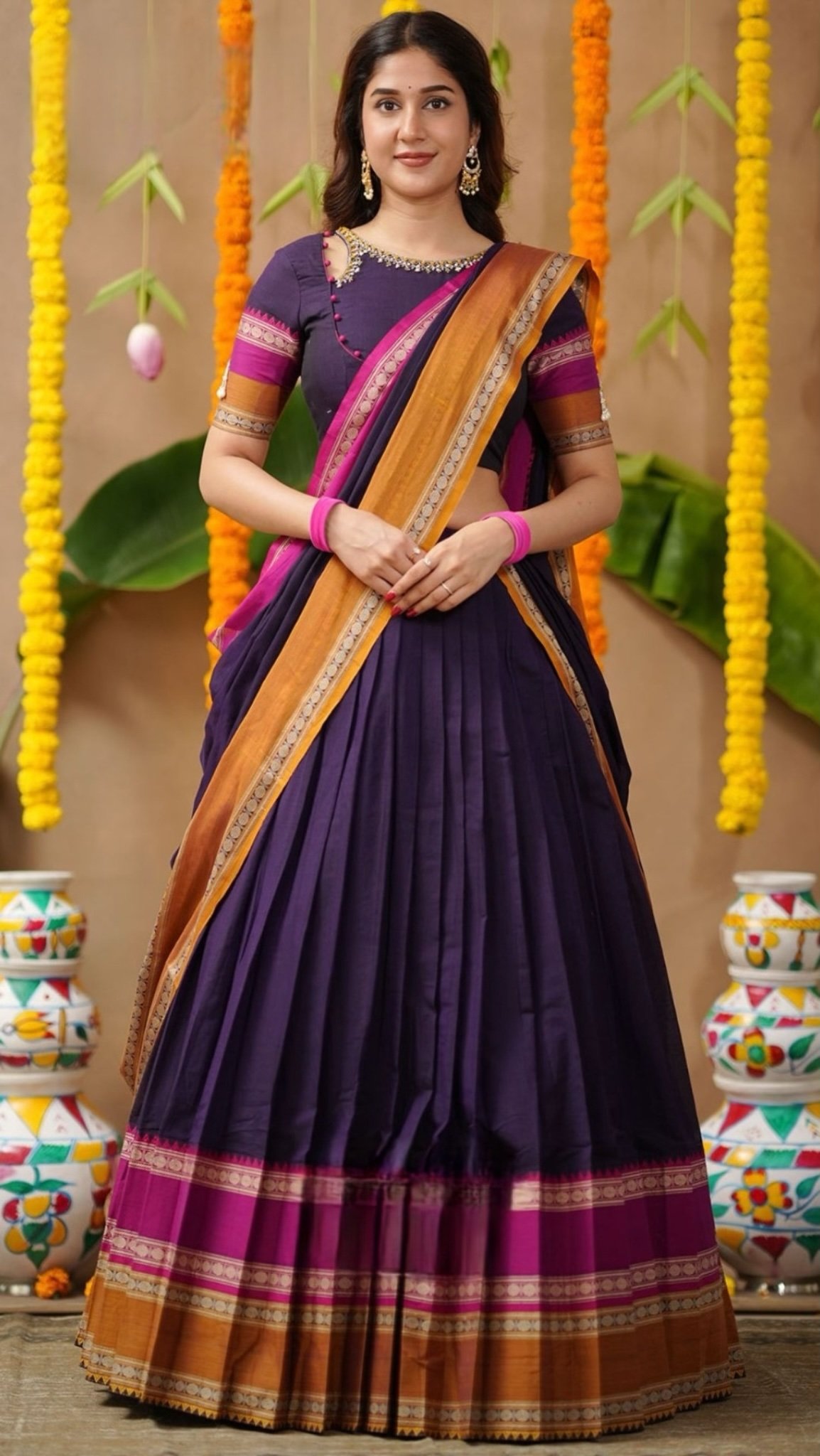 Jasha 2-In-1 Half Saree Navy Blue With Handworked Blouse - Image 5