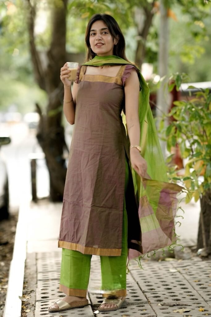 Pranitha Handloom Olive green Suit set