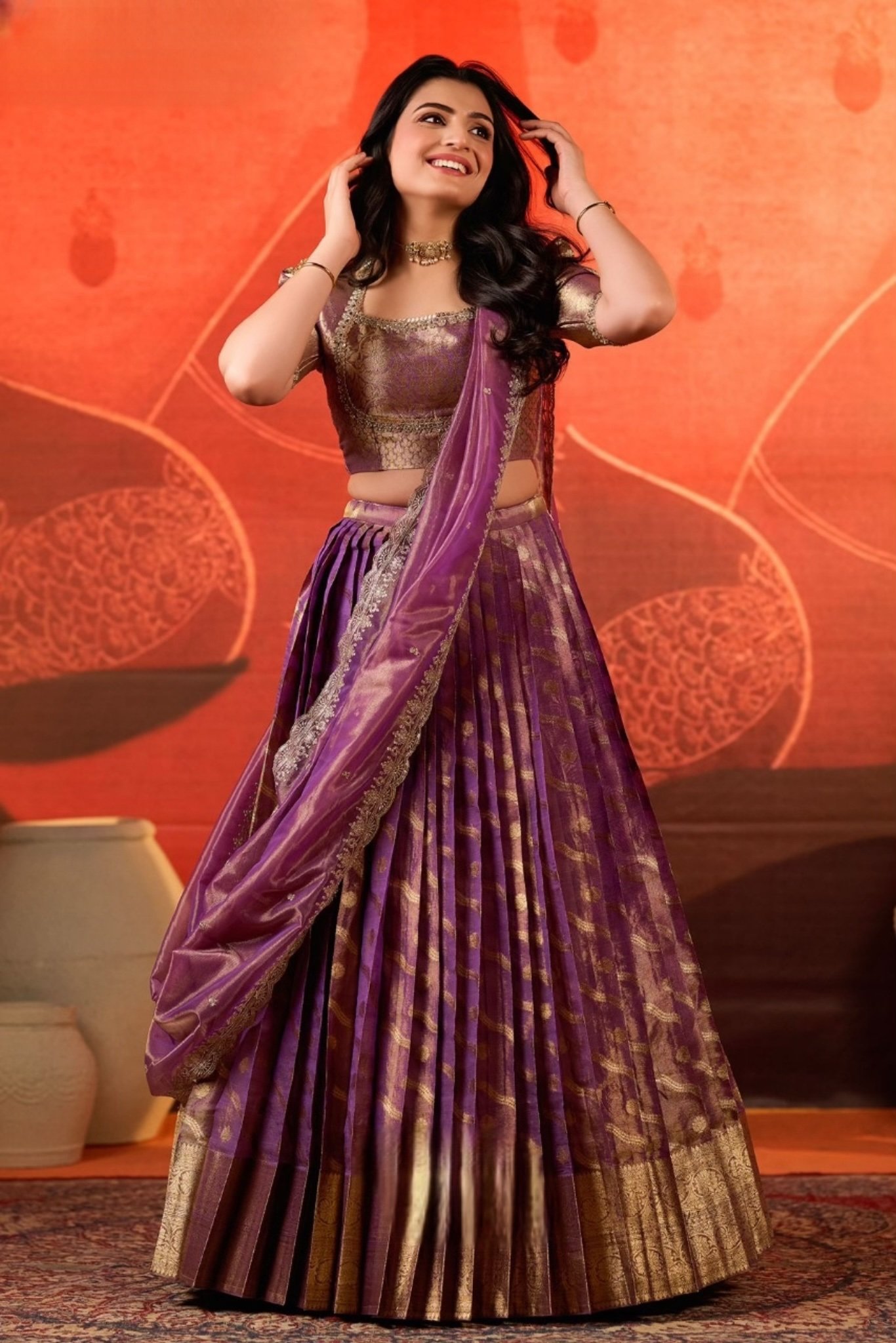 Meher Tissue Zari Lehenga Set in Purple - Image 1