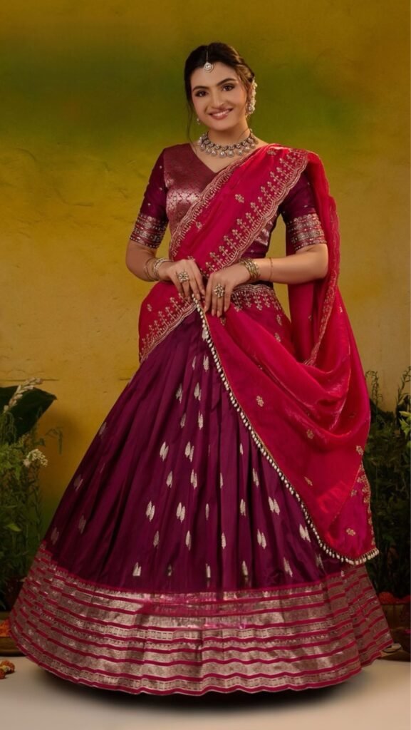 Meera Soft Silk Wine Pink Lehenga Set