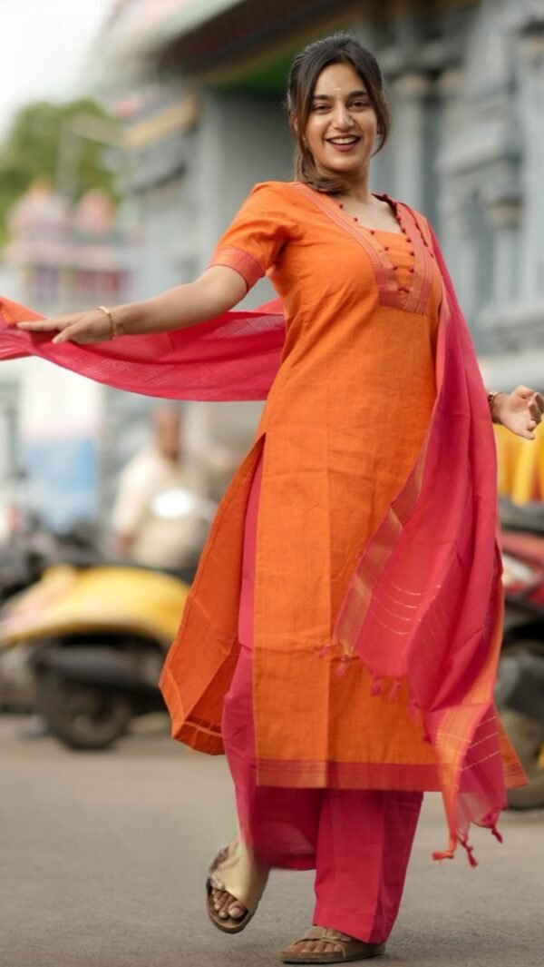 Pranitha Handloom Orange Suit Set - Image 5