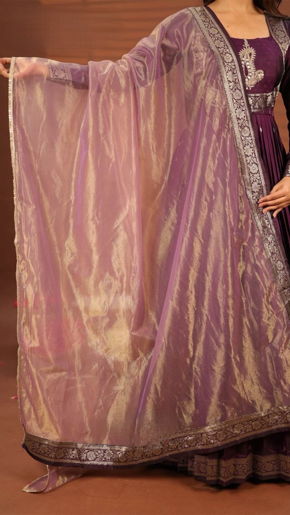 Pavani Wine Banarasi Silk Gown Dress - Image 5