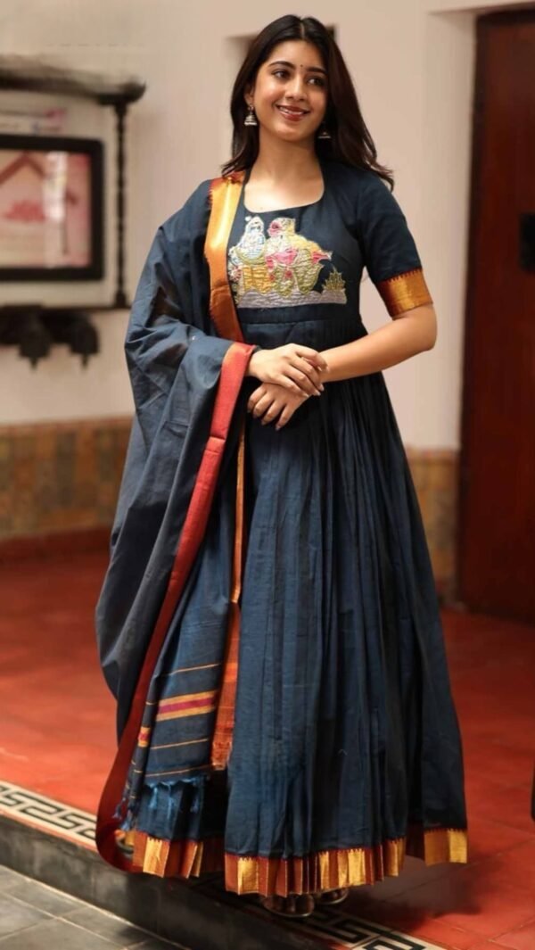 Kamali Navy Blue Handloom Anarkali Dress - Image 2