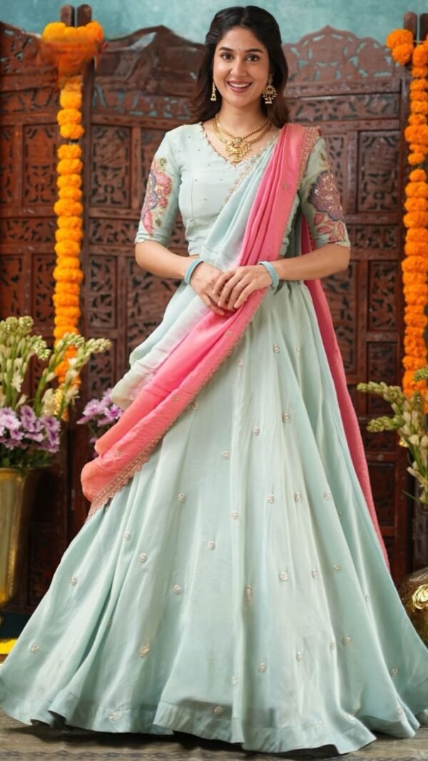 Raeya Aqua Blue Tissue kalamkari Lehenga Set